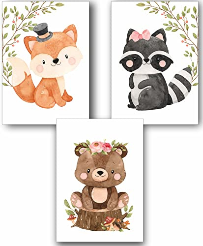 Manschin-Laserdesign 3er Set Wandbilder Kinderzimmer Poster | Din A3 & Din A4 | Babyzimmer Deko Mädchen Jungen Bilder Dekoration Aquarell Waldtiere skandinavisch (Din A3, P1007)