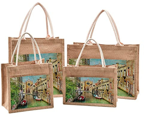 Mnsruu Schöne Venedig Boot Malerei Jute Tote Taschen Frauen Lebensmittel Einkaufstaschen mit Griffen für Outdoor Reisen 24,9 x 24,9 x 18 cm