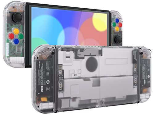 eXtremeRate Carcasa Transparente para Nintendo Switch OLED, Tapa Trasera & Soporte Placa con Botones Coloridos para NSO, Funda Protectora NS Joycons - Claro