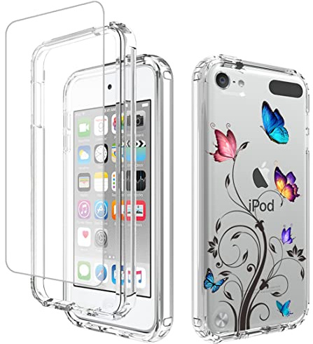 Vavies Schutzhülle für iPod Touch 6 Case/Touch 5/Touch 7 mit Glasbildschirmschutz - Vollständig transparente Flexible hülle mit Blumenmuster Schützende Handyhülle für iPod Touch 7 Blütenesche