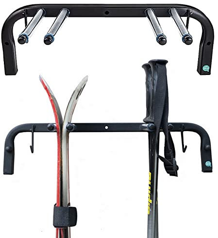 QLS Skihalterung Wand Skihalter für 2 Paare 47 cm Nordic Walking Trekking Stöcke Skiträger Hakenleiste mit schützender Gummierung zur platzsparenden Aufbewahrung N3 2