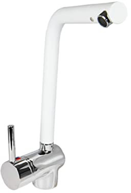 Grifo mezclador para fregadero de cocina de boca alta, color blanco con detalles cromados, con flexibles de conexión y accesorios de montaje incluidos