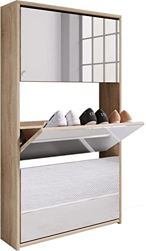 VCM Holz Schuhschrank | Maße: H. 112 x B. 63 x T. 17 cm | 3 Klappen mit Spiegel - Stido XL