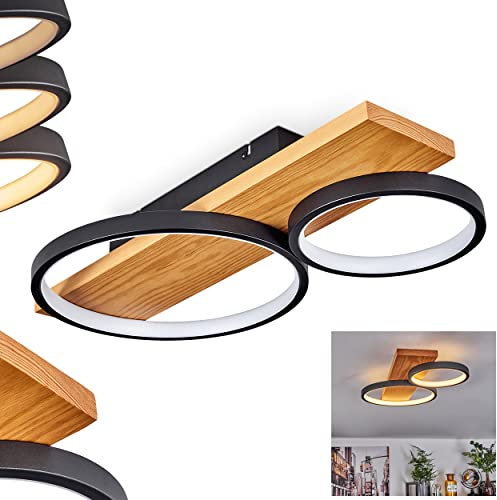 LED Deckenleuchte Rodekro, dimmbare Deckenlampe aus Metall/Holz/Kunststoff in Schwarz/Natur/Weiß, über herkömmlichen Lichtschalter dimmbar, Leuchte m. Holzbalken, LED 26 Watt, 3000 Kelvin, 3000 Lumen