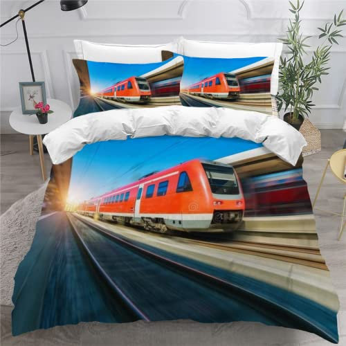 Bettwäsche 135x200 Junge Mädchen Zug Eisenbahn Bettwäsche135x200 Kinder Sommer Winter Mikrofaser Betten Set Elektrische Lok Zug Lokomotive Bettwäscheset mit 2 Kissenbezug 80x80