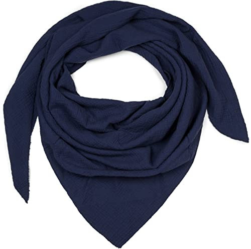 styleBREAKER Damen Musselin Dreieckstuch aus 100% Baumwolle | Weiches und leichtes Halstuch für Damen Unifarben | Stylisches Tuch für jede Jahreszeit - Made in Italy, 196 x 84 cm, Farbe:Dunkelblau