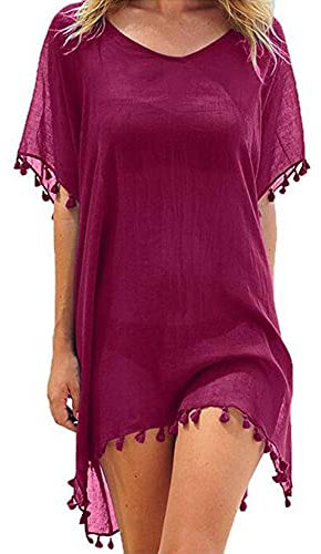 Edhomenn Women Chiffon Beachwear Tassel Bikini Cover Up Short Beach Dress Solid See-Through Swimsuit Summer Casual Swimwear (Dark red, One Size)