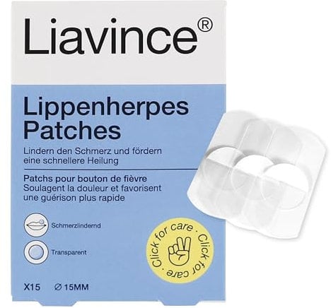 Liavince Lippenherpes-Patches, 15 runde Herpes Pflaster, Schnellere Heilung, Transparent, Gelatinefrei, Wasserdicht, Schmerzlindernd, Virenbarriere, Reduzieren Narbenbildung