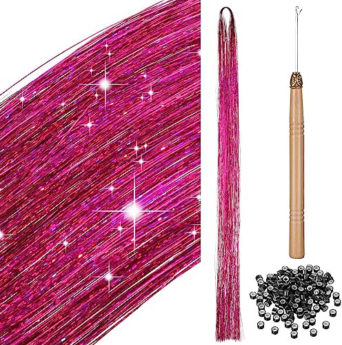 200 Haar Lametta mit Werkzeug Lametta Haarverlängerung Glitzer Haarteil zum Flechten Haarsträhne Kit für Frauen Mädchen Kinder Cosplay Party Zubehör (Rosenrot)