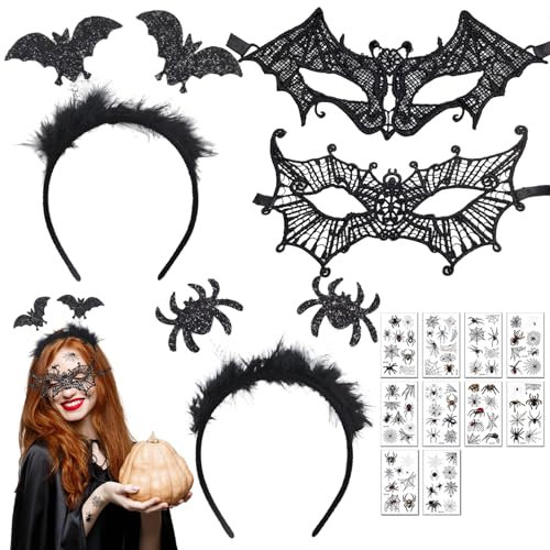 Seasboes Halloween Kostüm Damen, Fledermaus Haarreif, Choker Zubehör Vintage, Lace Venezianische Masken, Spitze Handschuhe, Gothic Halskette Set für Halloween Maskenball