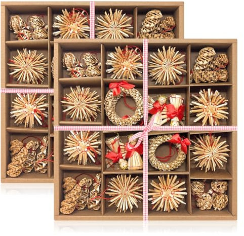 com-four® 112-teiliges Strohsterne Set - Sterne, Glocken, Tannen, und traditionelle Figuren als Christbaum-Schmuck - kleine Stroh-Anhänger als Weihnachtsbaumschmuck - natürlicher Christbaum-Behang