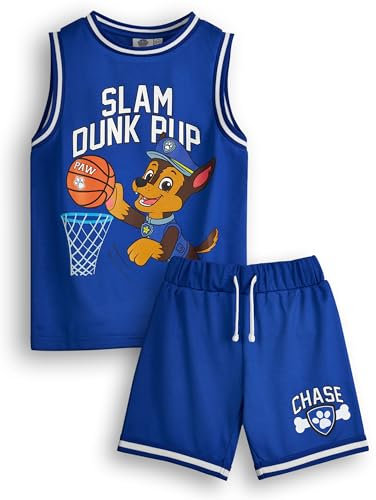 PAW PATROL Jungen Chase Basketball Trikot & Shorts Set | Kids Slam Dunk Pup Zweiteiliges Sport-Outfit in Blau | Kinder-Bundle