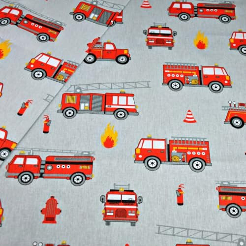 Textrend Baumwollstoff Meterware - Stoff zum Nähen - 100% Baumwolle - Textilien 1x1.6m - Stoffe Meterware - Sonderfahrzeuge Feuerwehr Polizei (Feuerwehr auf grauem Hintergrund)