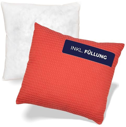 NOAH VERDE Kissen 45x45 ROT, Zierkissen-Waffelpique mit Füllung, 100% Baumwolle, Deko Kissen, Sofakissen mit Füllung und Bezug, Sofakissen groß Outdoor Kissen, Couch Kissen, Zierkissen & -hüllen