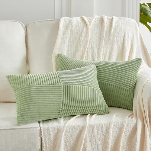 FDTERN 2er Set Salbeigrün Boho Dekorativ Kissenbezug 30x50 mit Diagonales Gestreiftes Muster Weich Kordsamt Kissenhülle Zierkissenbezüge Sofakissen Dekokissen Deko für Sofa Schlafzimmer Wohnzimmer