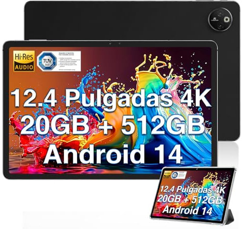 DOOGEE T30Max Tablet 12.4 Pulgadas 4K, Android 14 Tablet, 20GB RAM + 512GB ROM (2TB TF), Helio G99 Tablets con 10800mAh Batería y Carga Rápida de 33W, 50MP+20MP TUV Certificado Huella Lateral, Negro