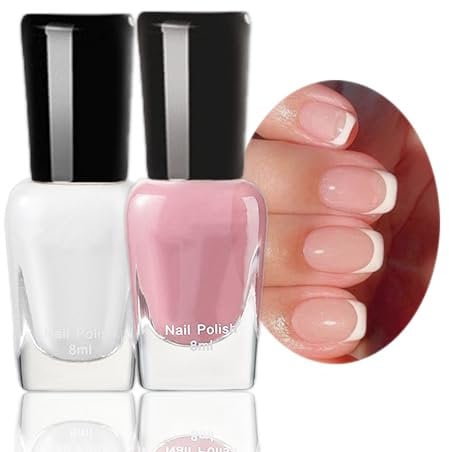 Peel Off Nail Polish Set, 2 PCS Quick Dry Varnish, White & Pink French Tip Manicure, No Need Cure Classic Large Volume, DIY Nail Art at Home