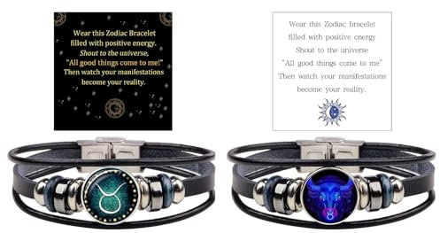 2Pcs Zodiac Tie Bracelets Manifestation Zodiac Signs Bracelet Spirit 12 Constellation Handmade Bead Woven Multilayer Adjustable Leather Bracelet Jewelry Accessories Spiritual Gifts for Women,