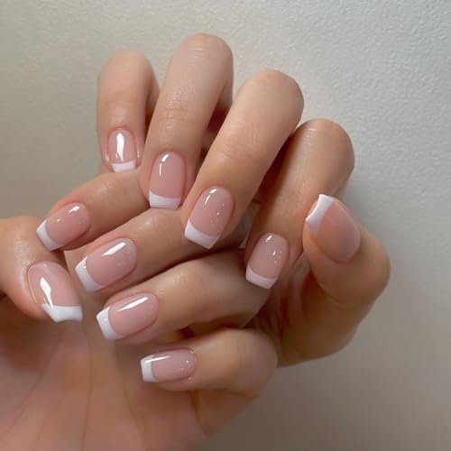 Faux Ongles Court MouyouGlow,Carré Nude Rose Blanc French Press on Nails avec Colle à Ongles Pink Natürlich White Tip Fake Nails