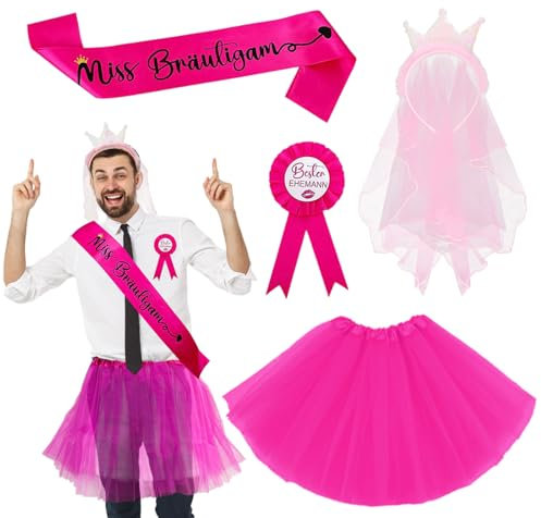 FUIPVGI 4 Pezzi JGA Costume Uomo per Addio al Celibato, Costume da Uomo JGA, con Distintivo Migliore Marito, Fascia Miss Sposo, Gonna in Tulle Rosa, JGA Fascia, Travestimento Uomo per Matrimonio(Rosa)