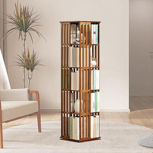 YMAOMAO 360° drehbares Bücherregal, 360° drehbares Bücherregal, 5/6-stöckiges Bambus-Bücherregal für Studenten – hohes Eckbücherregal, Aufbewahrungs-Organizer,Brown-5Tier