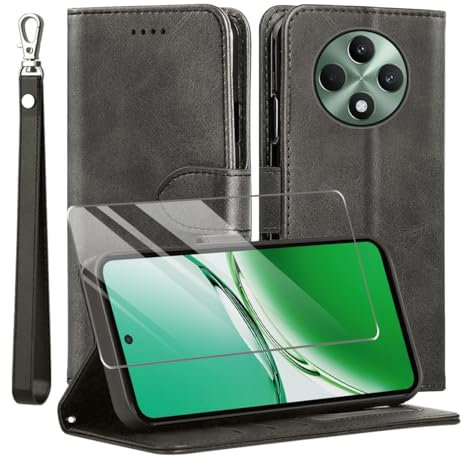 Custodia Cover per oppo Reno 12F 5G,con Protettiva in Vetro Temperato TPU Antiurto PU Pelle Premium Portafoglio Supporto Stand Carta Fessura Magnetica Custodie di Pelle Flip Case Nero