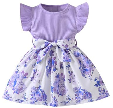 Robe Princesse Bebe Fille 3-24 Mois Manche à Volants Fleur Bowknot été Robe De Soirée Fille Chic Et Elegant Vetement Bébé Fille Ete Pas Cher Baptême Cérémonie Anniversaire (Violet-1, 9-12 mois)