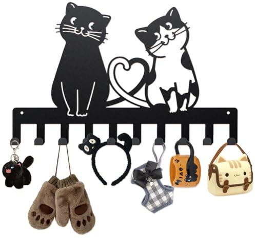 MAYJOYDIY Katze Liebe Metall Kleiderhaken Für Die Wand 40 × 25cm Katzenschwänze Herzen Schlüsselbrett 10 Haken Tiermotiv Valentinstag Schwarze Schlüsselhalter Zum Aufhängen von Mänteln Hüten Taschen