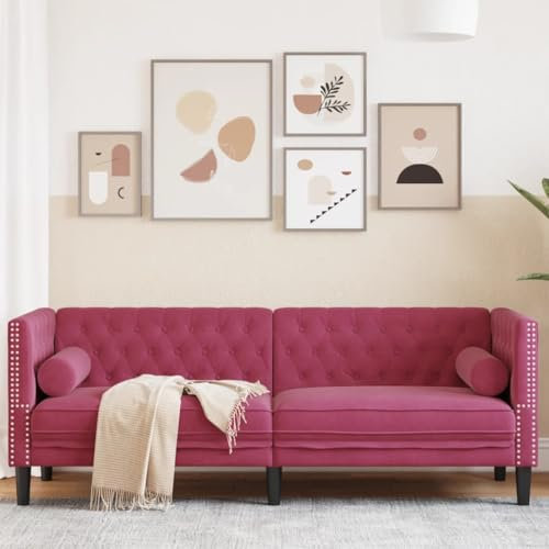 Willood 3 Sitzer Sofa Chesterfield Sofa mit Nackenrollen Couch Weinrot Samt