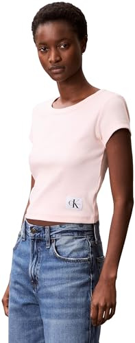 Calvin Klein Damen T-Shirt Kurzarm Woven Label Rib Baby Tee mit Rundhalsausschnitt, Rosa (Cloud Pink), M