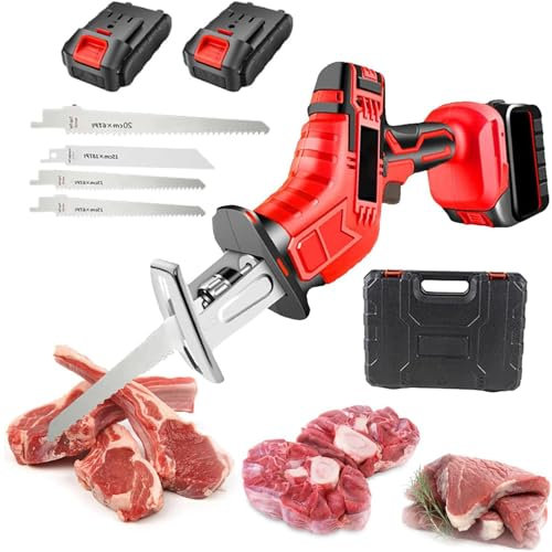 Générique Machine Scie Sabre sans Fil de Boucherie Polyvalent Durable Scies Alternatives électriques Scie à os de Boucher Portative avec Lames de Scie pour Couper la Viande Métal Bois,02,2 Batteries