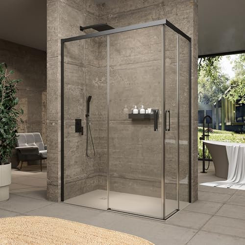 VAROBATH | Mampara de Ducha SLIM Rectangular 2 Fijos + 2 Puertas - Vidrio Templado de Seguridad 6mm con Tratamiento Antical (Perfilería Negro Mate, 67.5-69.5 x 97-101)