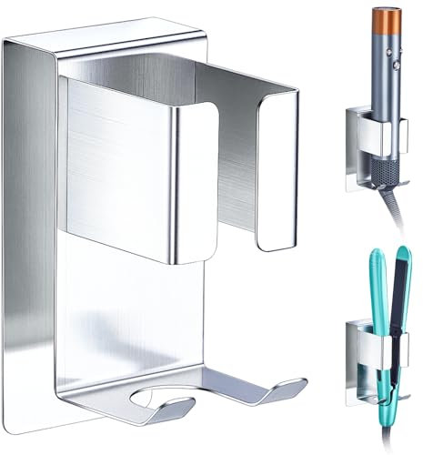 YYBO Glätteisen Halterung Ohne Bohren, Föhnhalter Wand, Lockenstab Halterung, Fönhalter Wandhalterung für Styler Zubehör Aufbewahrung, Fönhalterung Haartrocknerhalter für Bad (Silber)