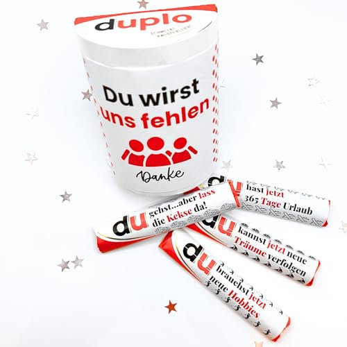 Rente, Abschied – Duplo Aufkleber Set (20 Banderolen + 2 Box Sticker) – persönliches DIY Geschenk für Kollegin, Kollegen, Chef – zur Verabschiedung, zum Ruhestand, Danke sagen (weißes Papier)