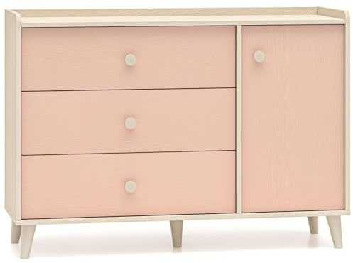 Lomadox Kinderzimmer-Kommode in Sandbeige mit rosa, 120 cm breit, mit 3 Softclose-Schubladen & Tür Sideboard Kindermöbel
