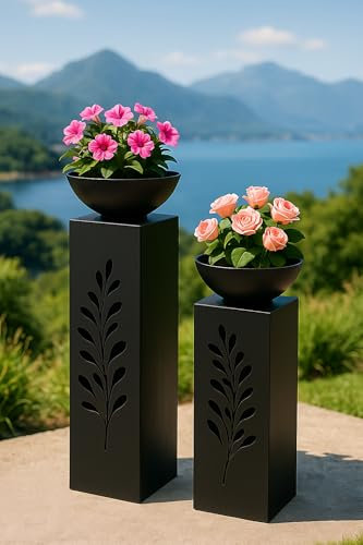 Fenja Dekosäulen-Set mit Schale, 74/92 cm, Schwarz Metall, Florales Design, 2-teilig