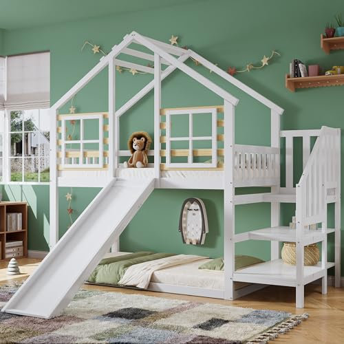 EINHOM Kinderbett 90x200 cm, Etagenbett mit Treppe und Gitter, Bodenbett mit Rutsche und Fenster, Blockhaus Kinderbett mit Absturzsicherung, Bettrahmen aus Massivholz, Weiß, Ohne Matratze