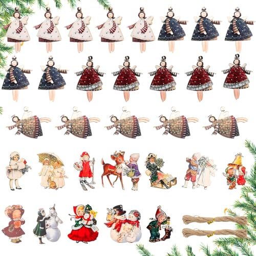 KingYH 32 Stück Engel Anhänger für Weihnachtsbaum Holz Angel Anhänger Weihnachtsanhänger Engel Weihnachtsengel Geschenk Christmas für Christbaumschmuck