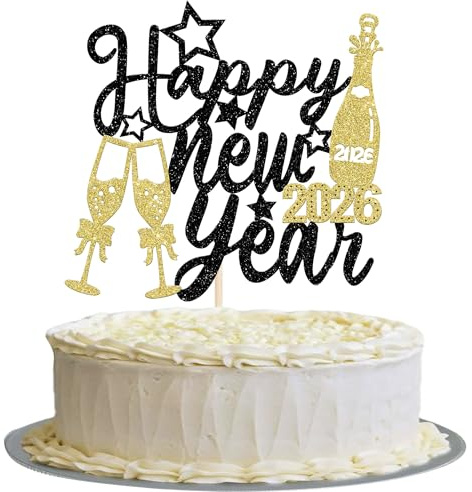 1 Stück 2026 Happy New Year Tortendeko Glitzer Prost auf 2026 Cake Topper Gutes Neues Jahr Kuchen Deko für Willkommen 2026 Frohes Neues Jahr Party Kuchen Dekoration Gold Schwarz