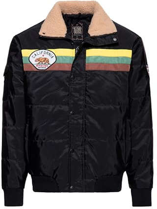 King Kerosin Herren Winterjacke · Ski-jacke · 70s · 1970 · Retro Jacke · Teddy Kragen · Sherpa · Streifen Design · Patch · Elastisch · Reißverschluss · Druckknopfleiste · California