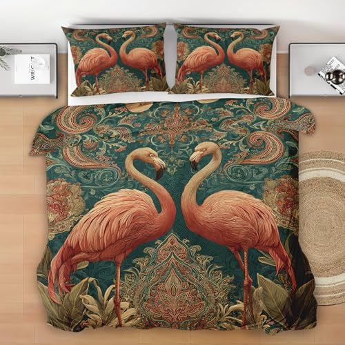 Generisch Flamingo Bettwäsche 155x220 3 Teilig - Paisley Bettwäsche-Sets, 1 Bettbezüge 155x220cm + 2 Kissenbezüge mit Reißverschluss, Tropisch Tier Bettzeug Weich und Bügelfrei S133s