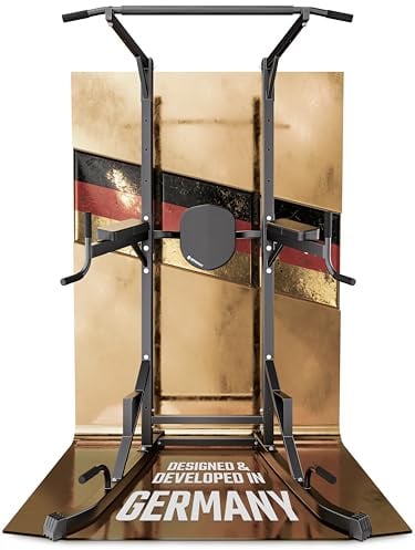 HQ Germany® Power Tower [8-in-1 PinSystem] - Klimmzugstange freistehend | auch auf Hüfthöhe verstellbar, dicke reißfeste Griffe, tiefe ROM, Trittbretter, durchgehender Mast, deutsche Entwicklung