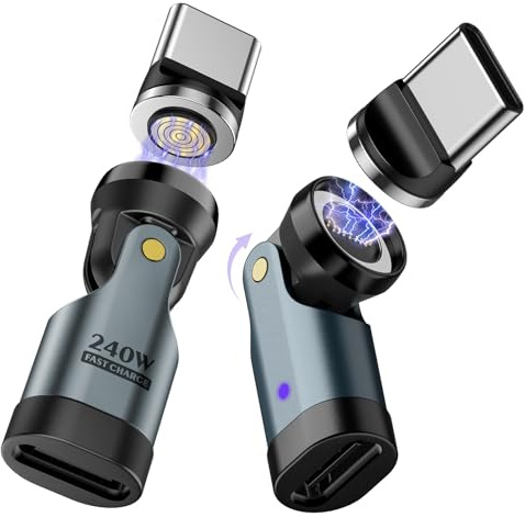 TiMOVO USB C Magnet Adapter, 2 Stück, PD 240W Laden, Grau | Unterstützt schnelle Datenübertragung, Universell kompatibel mit Typ-C Handys/Geräten, 90°-Biegung, 360°-Rotation