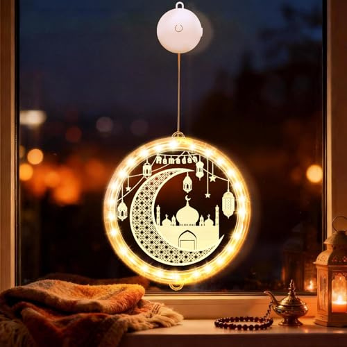 FUFRE Ramadan Deko Fenster Licht, Eid Mubarak Dekoration Led Fensterdeko Mit Timer, Stern Und Mond Deko Licht Mit Saugnäpfe, Fensterdeko Hängend Usb/Batteriebetrieben, Für Eid De-ko, Islam D-eko (D)