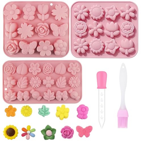 Moules En Silicone Fleur Et Papillon 3 Pièces Avec Pailles&Pinceau Cuisine Silicone,Diy Motifs Multiples En Forme, Chocolat Moules Pour Bricolage Pour Décoration De Gâteaux, Bonbons, Pudding