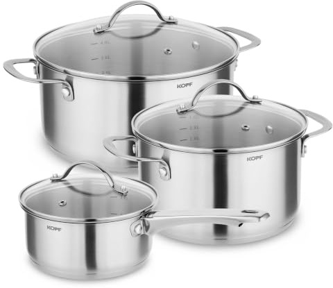 KOPF Topfset Induktion Clara 6-teiliges Kochtopf Set mit Edelstahl Töpfe | Backofen & Spülmaschinen geeignet | Topf Set für alle Herdarten | 2 Kochtöpfe, 1 Stielkasserolle, 3 Glasdeckel | Literskala