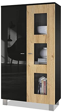 Vladon Vitrine de Salon Denjo, Vitrine sur Pied avec 2 Portes et 3 vitres, Noir Mat/Noir Haute Brillance/Chêne Nature (71 x 129 x 35 cm)