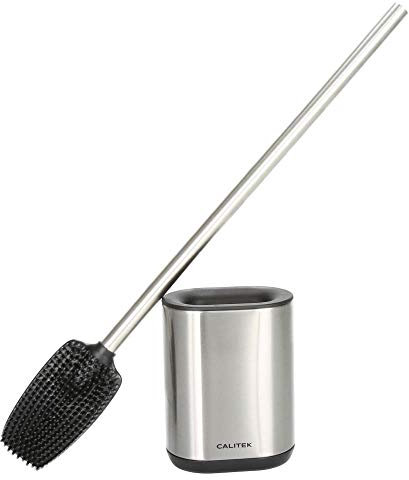 CALITEK Toilet Brush and Holder Deep Cleaning Flexible Silicon Bristles and Brush Head with Non Slip Long Stainless Steel Anti Rust Handle for Bathroom Toilet (Stainless Steel)