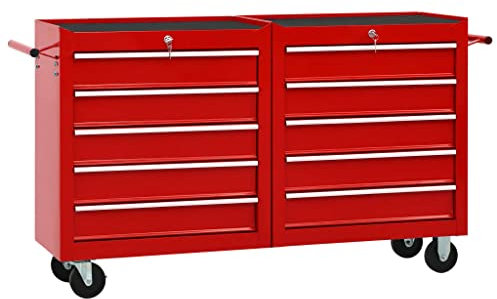 vidaXL Werkzeugwagen mit 10 Schubladen 4 Lenkrollen Kratzfeste Oberfläche Werkstattwagen Werkzeug Rollwagen Werkzeugkiste Stahl Rot