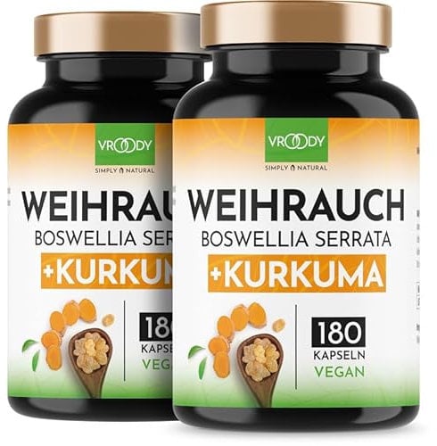 2x VROODY Weihrauchkapseln hochdosiert Boswellia Serrata 2000mg Tagesdosis - 2x 180 Stück | 85% Boswelliasäure | 125mg CURCUMA | 95% Curcuminoide | vegan & ohne Zusätze